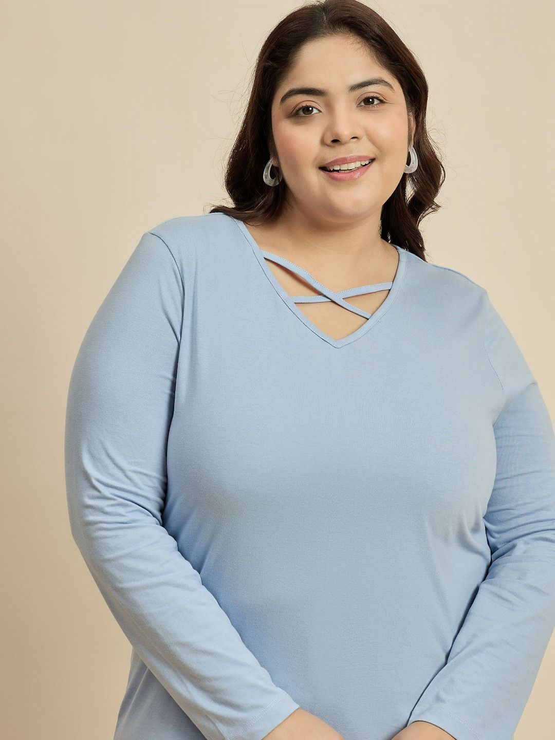 CURVY STREET Women Solid V-Neck Cotton Plus Size T-shirt