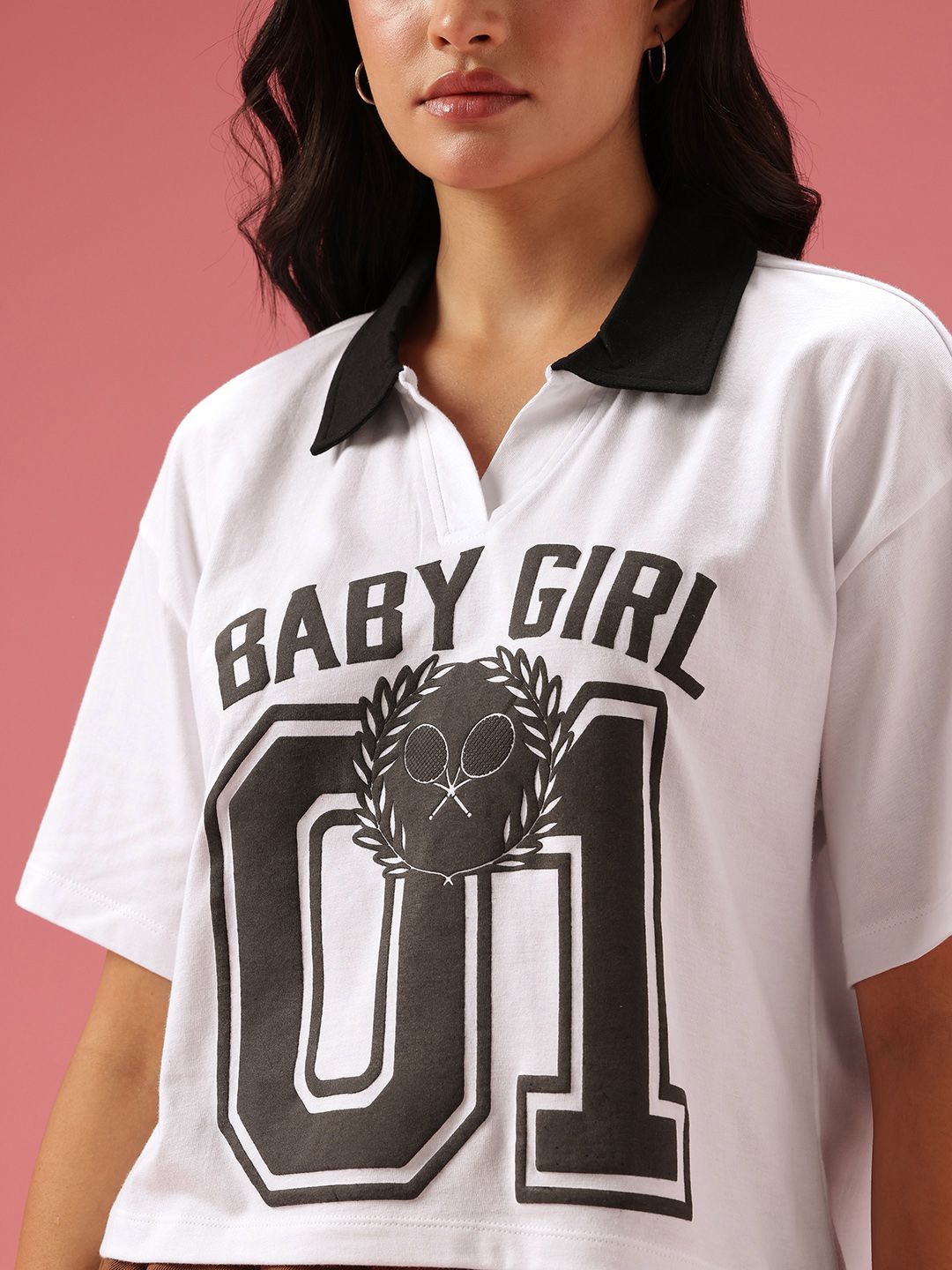 DressBerry Pure Cotton Varsity Printed Polo Collar Boxy T-shirt