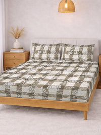 KLOTTHE Beige & White Printed 300 TC Double Bedsheet With 2 Pillow Covers- 2.5 m x 2.25 m