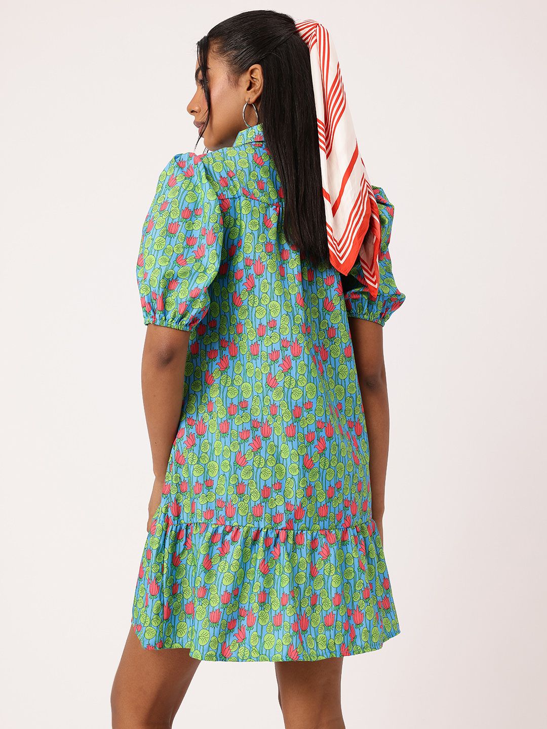 DressBerry Charming Floral Print Puffed Gathers Shirt Style Mini Dress