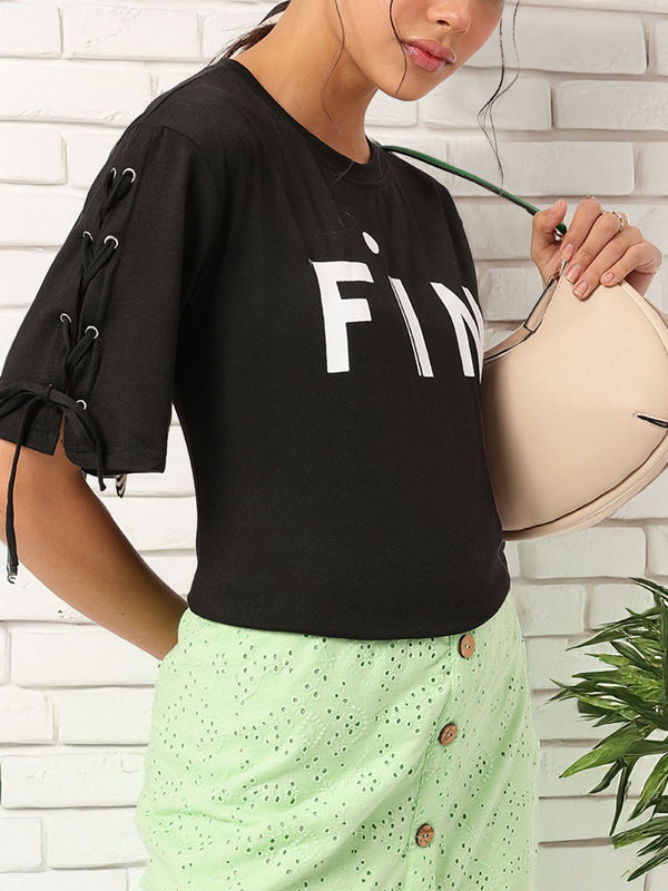 DressBerry Elevated MonoBasic Lace-Up Flared Sleeves Printed Tee