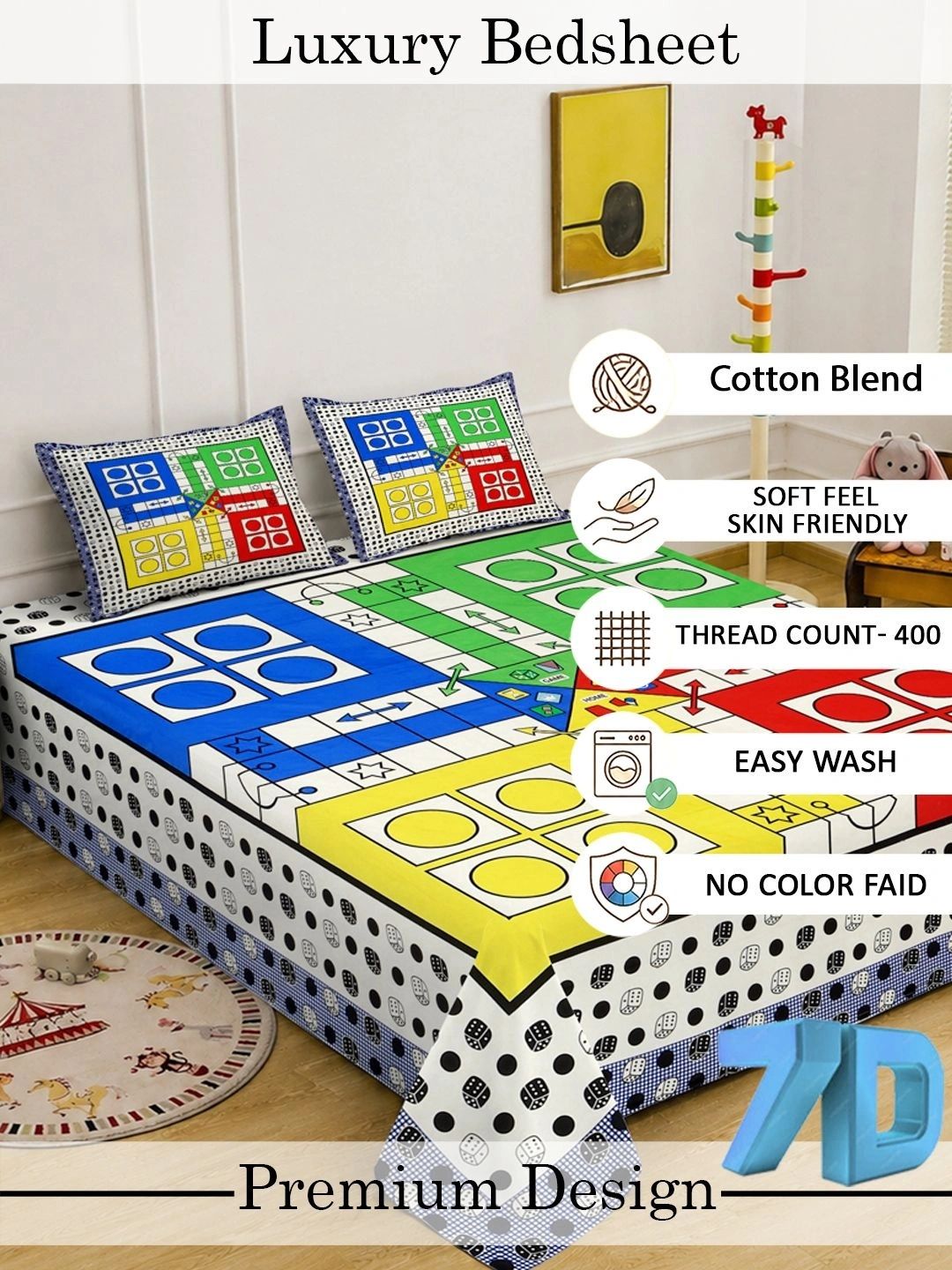 KLOTTHE Green & Red Geometric Printed Dilengkapi 400 TC King Bedsheet dengan 2 Sarung Bantal