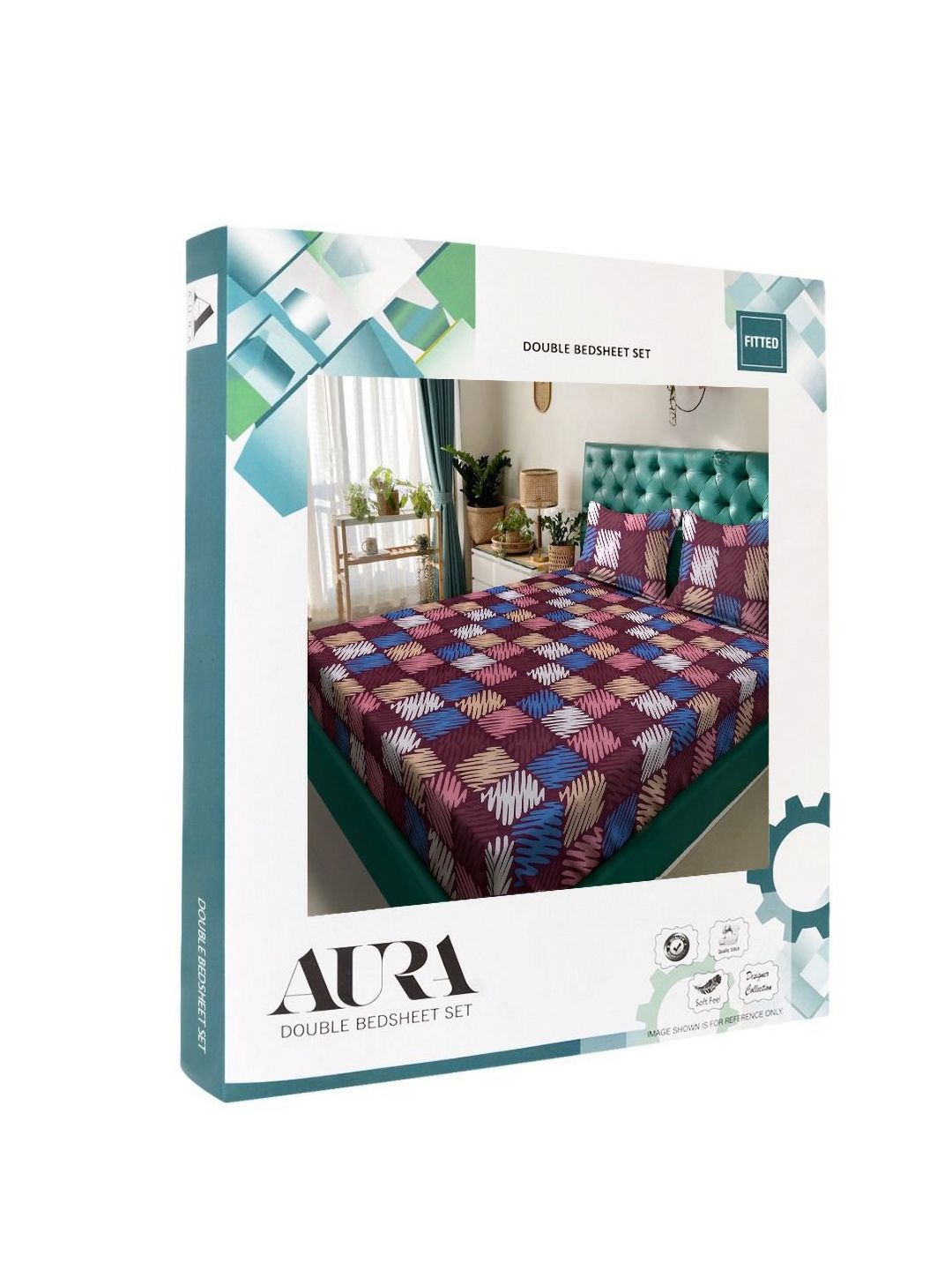 Aura Burgundy & Blue Geometric Printed Fitted 300 TC King Bedsheet Set 2.50 m x 2.25 m