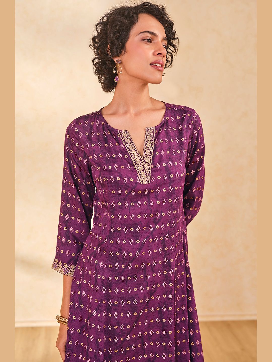 Global Desi Bandhani Woven Design Notched Neck A-Line Kurta