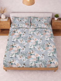 KLOTTHE Grey Floral Fitted Double Bedsheet dengan 2 Sarung Bantal