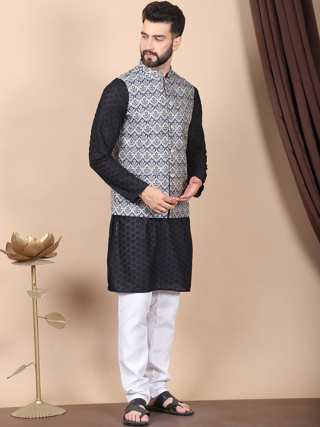 Anouk Black Floral Embroidered Thread Work Pure Cotton Kurta with Churidar & Nehru Jacket