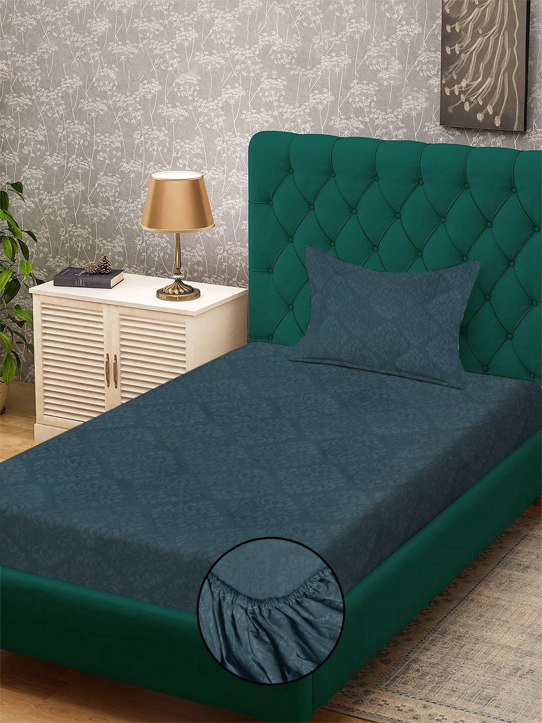 Myntra Elegant Homes Blue Floral 300 TC Single Bedsheet with 1 Pillow Covers