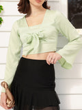 DressBerry Flared Sleeve Tie Detail Crop Top