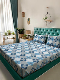 KLOTTHE Biru & Kelabu Geometrik Bercetak 400 TC Kapas Set Cadar King 2.50 m x 2.25 m