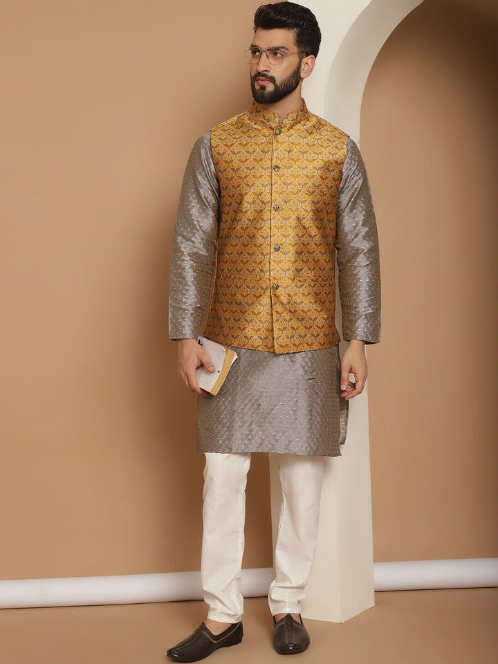 Anouk Embroidered Regular Thread Work Jacquard Silk Kurta With Churidar & Nehru Jacket