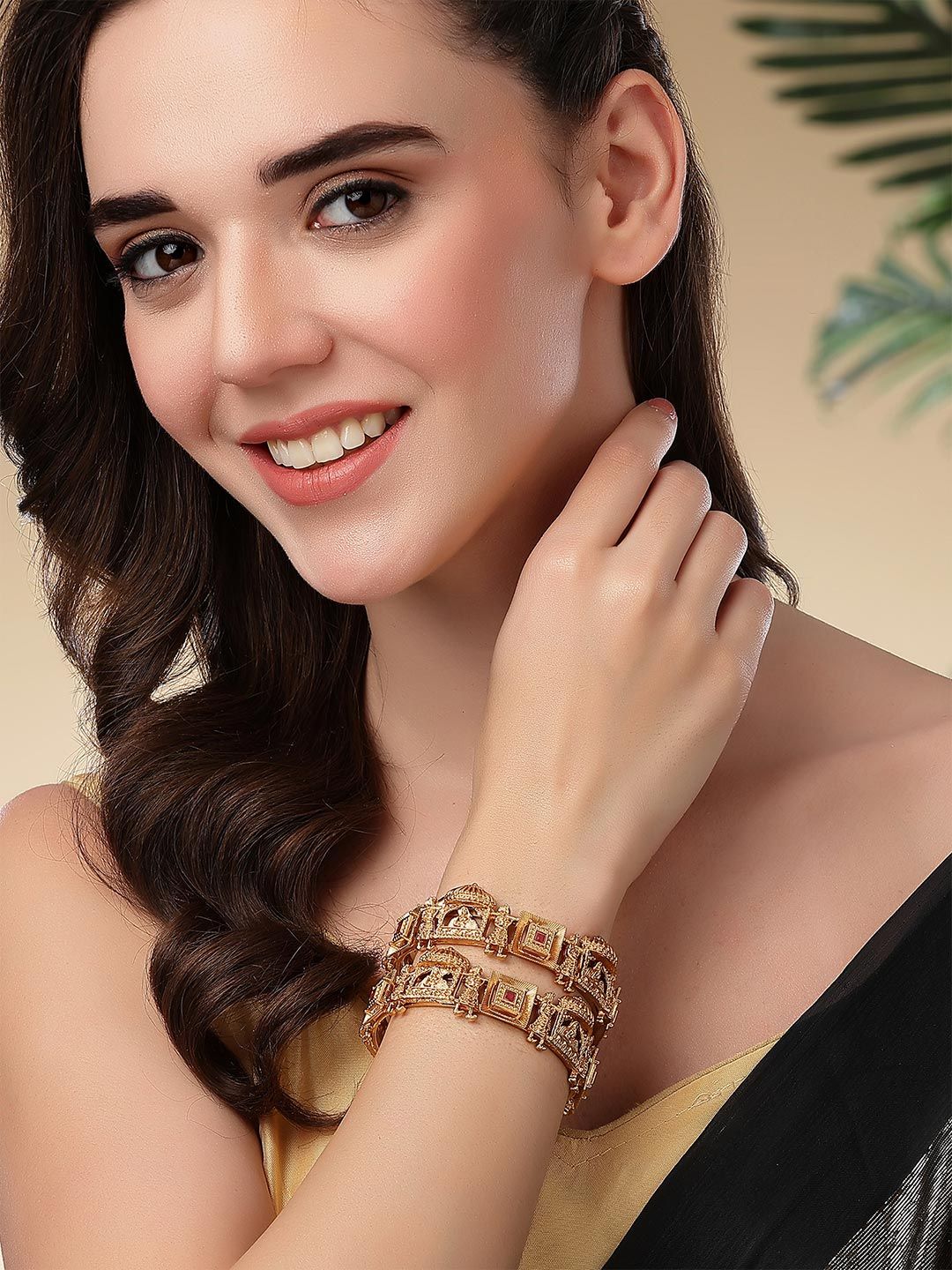 KARATCART Set Of 2 Gold-Plated Kundan-Studded Bangles