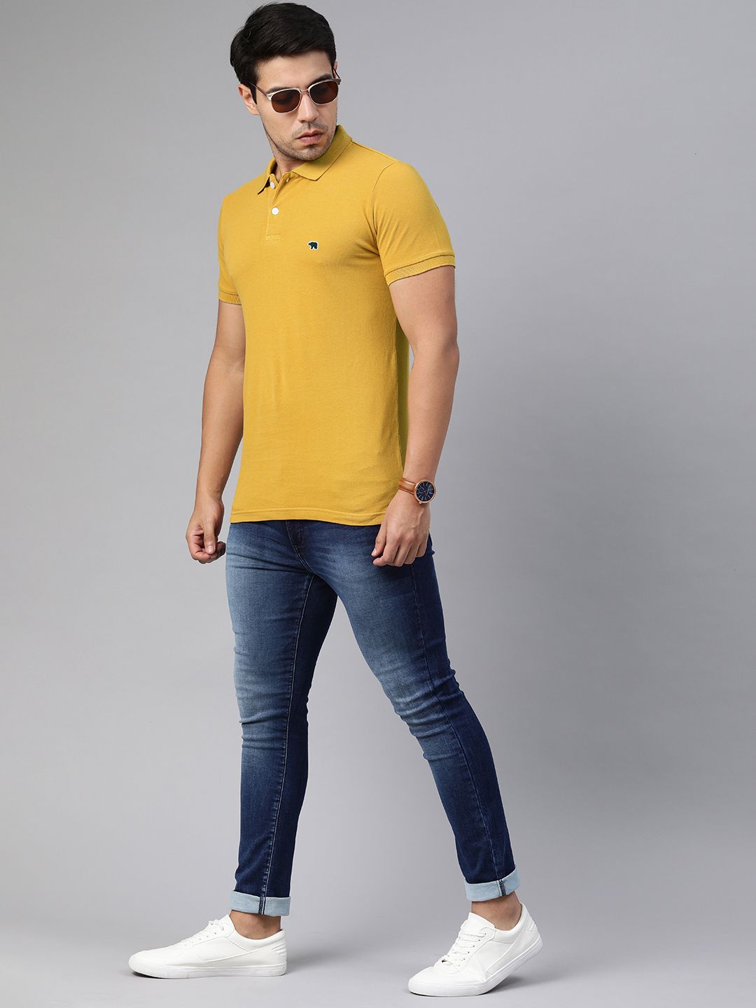 THE BEAR HOUSE Men Mustard Yellow Solid Polo Collar Pure Cotton T-shirt