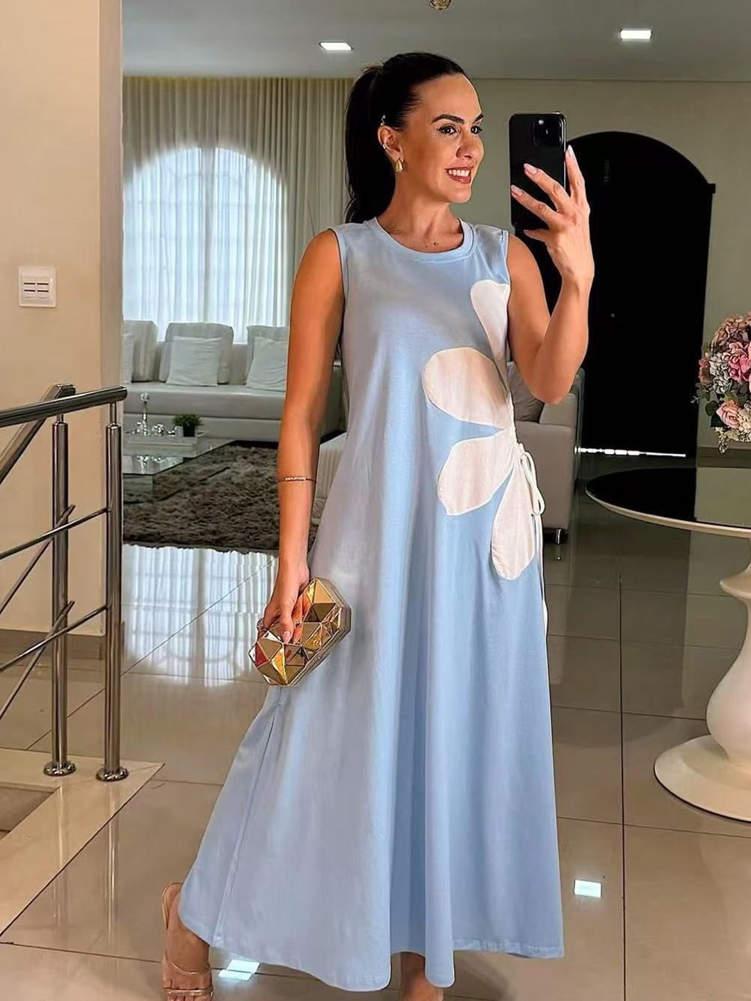 semua tentang anda wanita bulat leher bunga applique terperinci pakaian maxi tanpa lengan