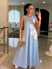 all about you Women Round Neck Floral Applique Detail Sleeveless Maxi Dress