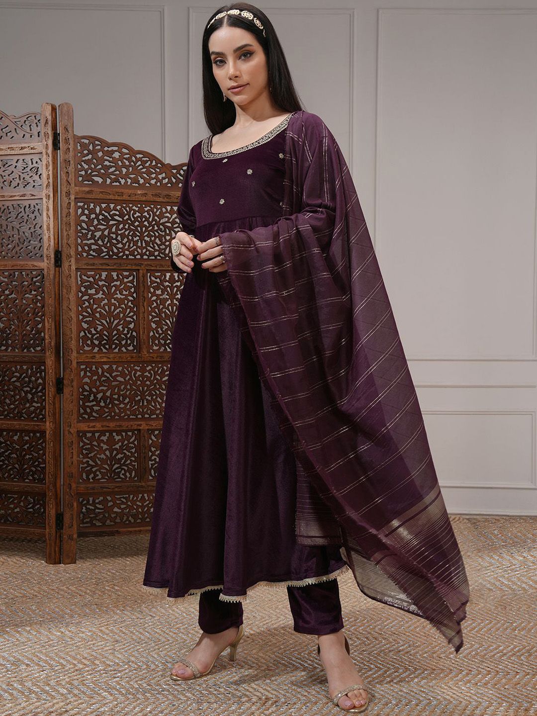 Vishudh Women Embroidered Velvet Umbrella Kurta With Slim Pants & Dupatta