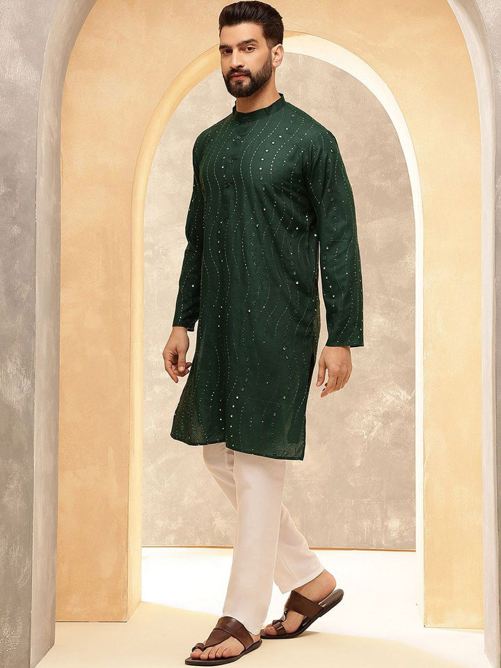 Anouk Green Floral Sulam Kolar Jalur Labuci Kapas Kurta Lurus
