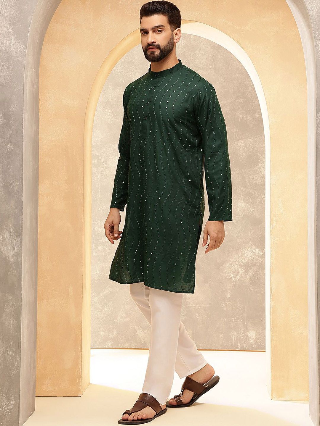 Anouk Green Floral Sulam Kolar Jalur Labuci Kapas Kurta Lurus