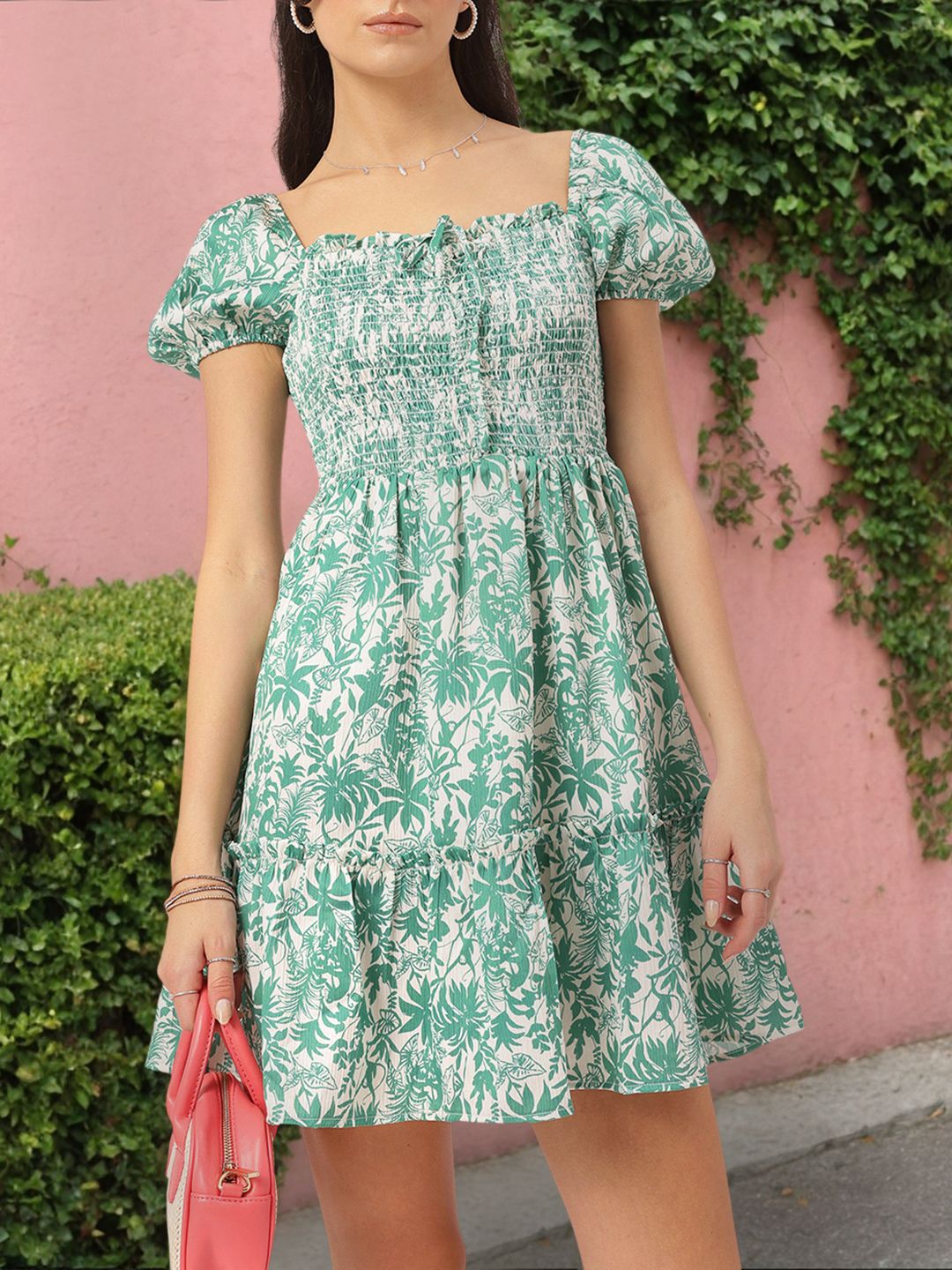 DressBerry Timelessly Trendy Printed Smocked Fit & Flare Mini Dress