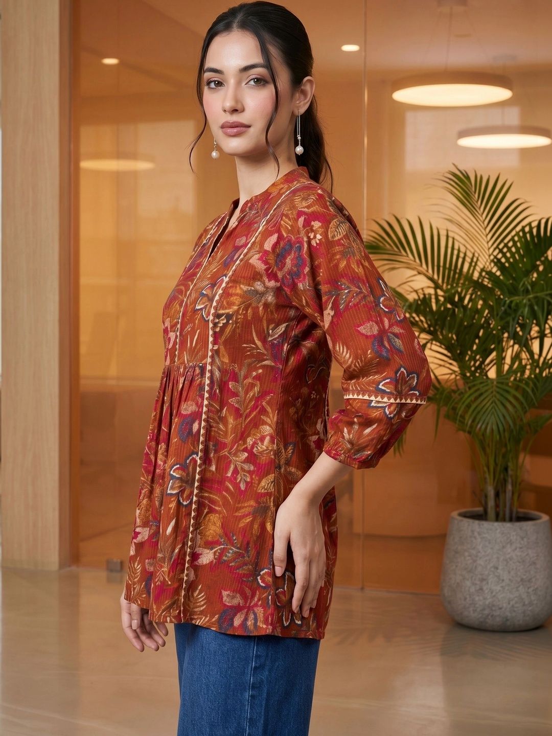 Mamicha Floral Print Kolar Mandarin Puff Lengan Cotton Peplum Top