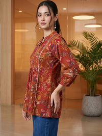 Mamicha Floral Print Kolar Mandarin Puff Lengan Cotton Peplum Top