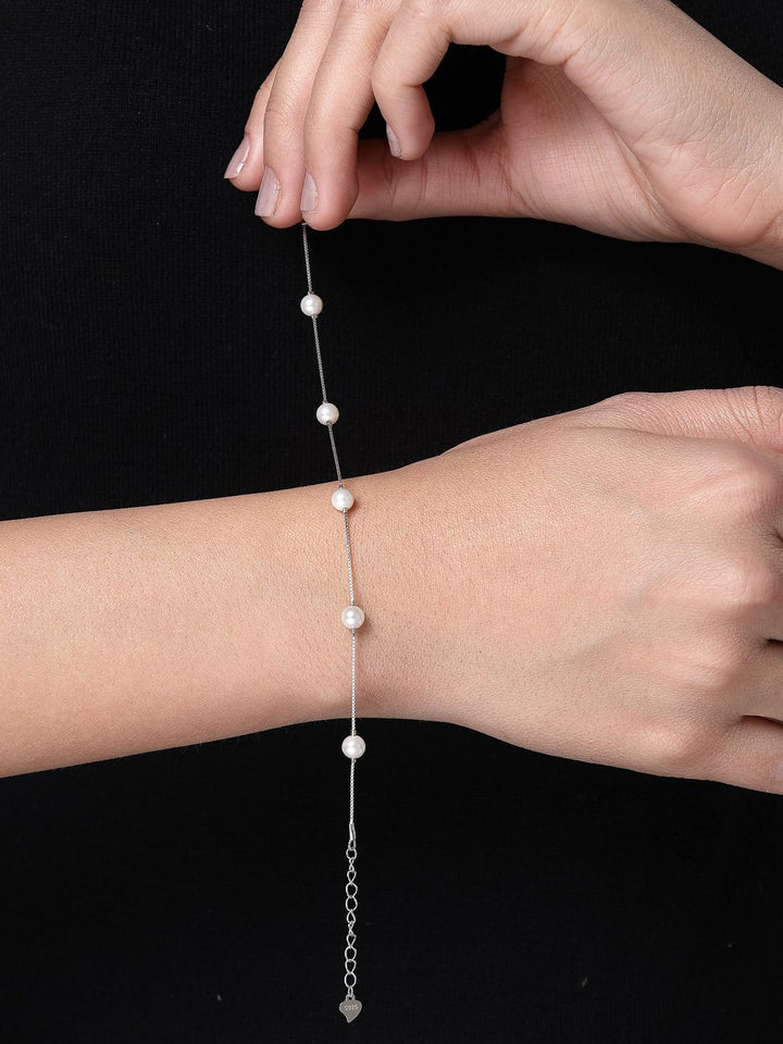PANASH 925 Sterling Silver Rhodium-Plated Shell Pearls Beaded Link Bracelet
