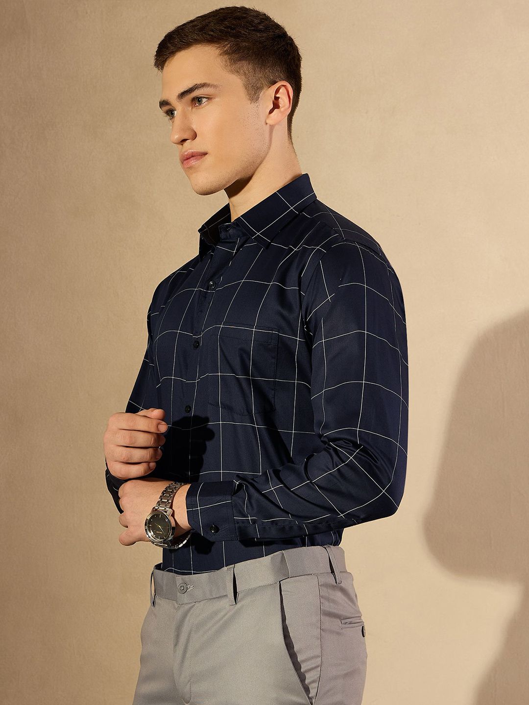 DENNISON Men Smart Spread Collar Windowpane Checked Cotton Formal Shirt