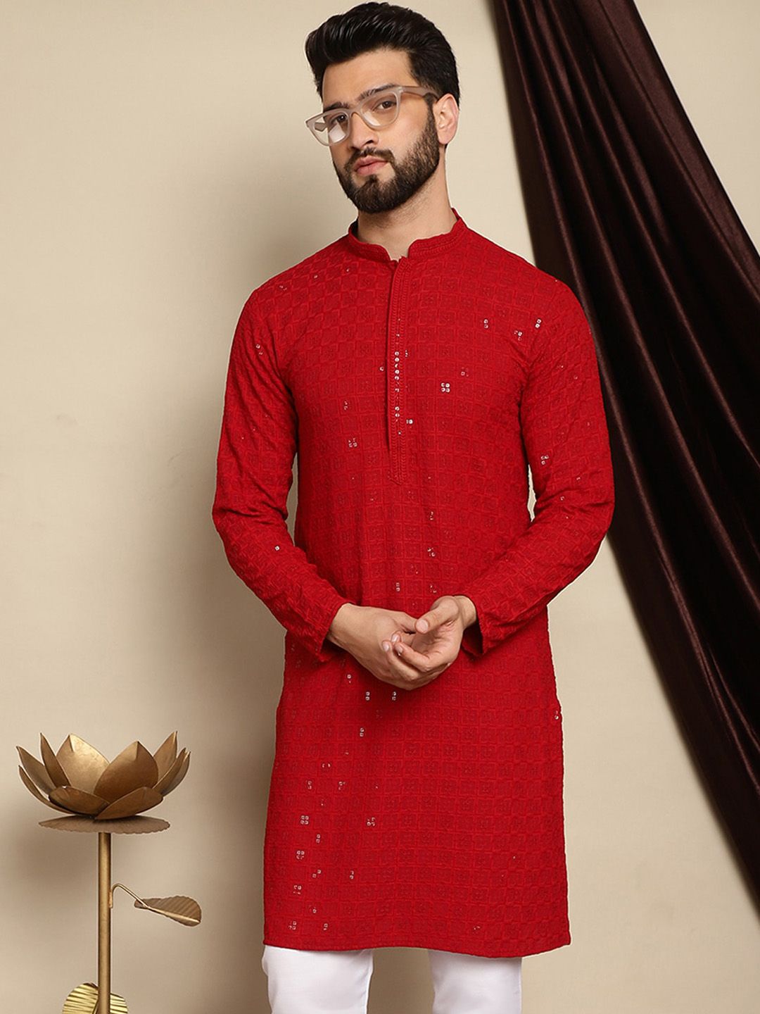 Anouk Maroon Geometric Embroidered Sequined Mandarin Collar Pure Cotton Straight Kurta