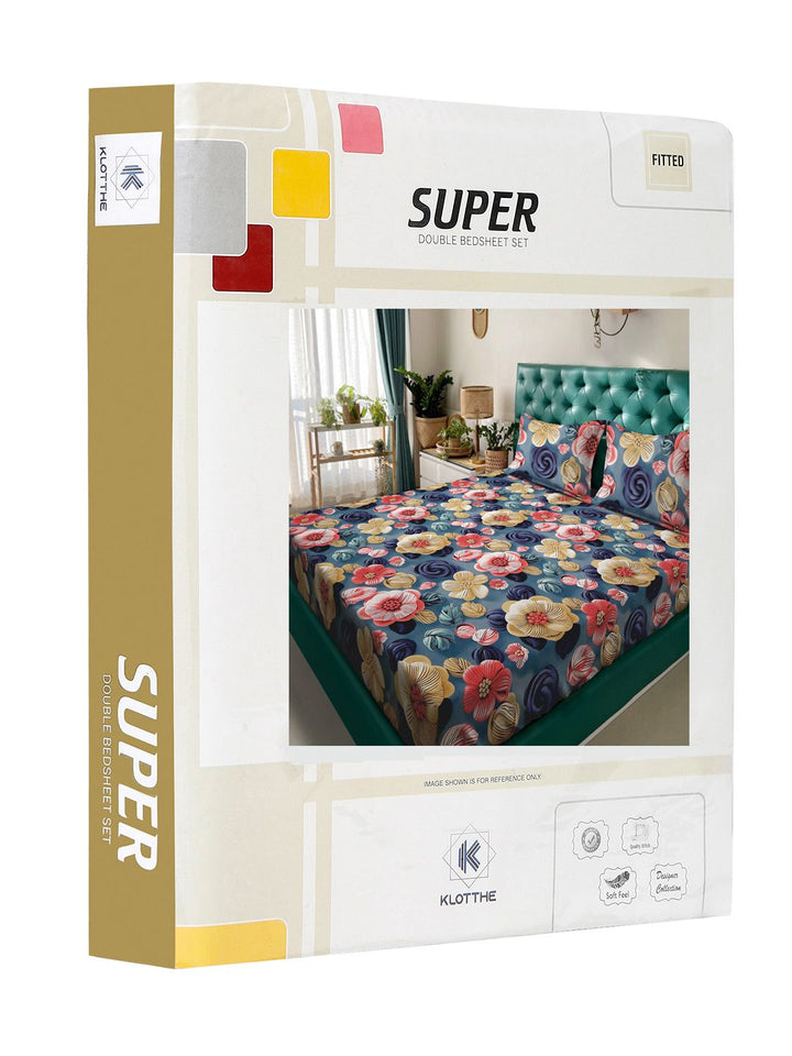 KLOTTHE Blue & Pink Floral 300-Thread Count 7D-King Size Bedsheet With 2-Pillow Covers