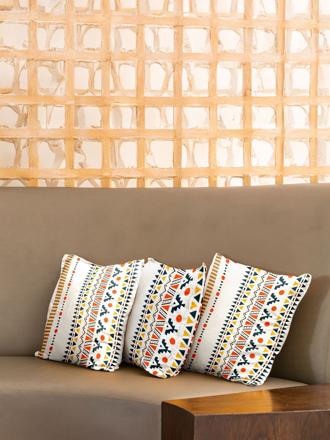 URBAN SPACE Orange & White 3 Pieces Geometric Printed Cotton Square Cushion Covers