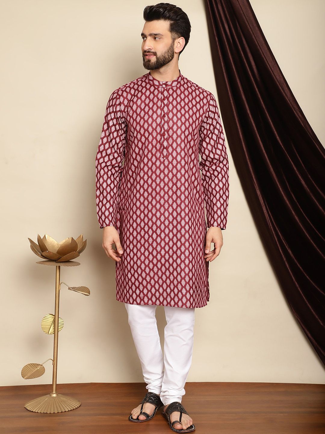 Anouk Maroon Mandarin Collar Ethnic Motifs Printed Straight Kurta with Pyjamas