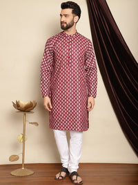 Anouk Maroon Mandarin Collar Ethnic Motifs Printed Straight Kurta with Pyjamas