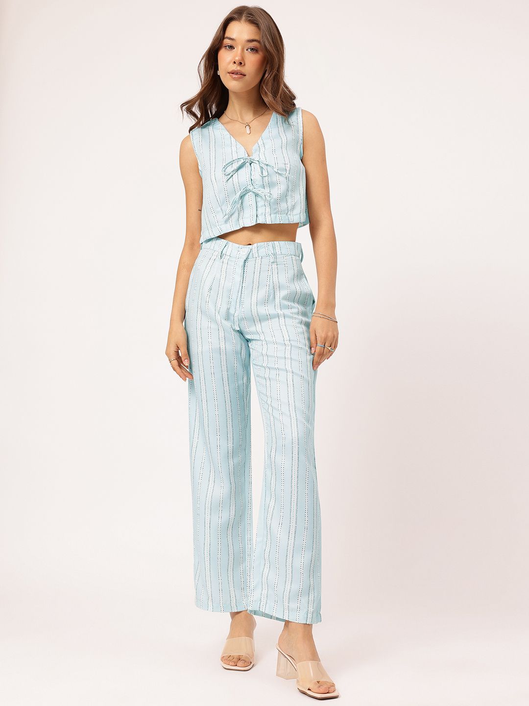 DressBerry Summer Vibes Striped Tie-Up Front Crop Co-Ords