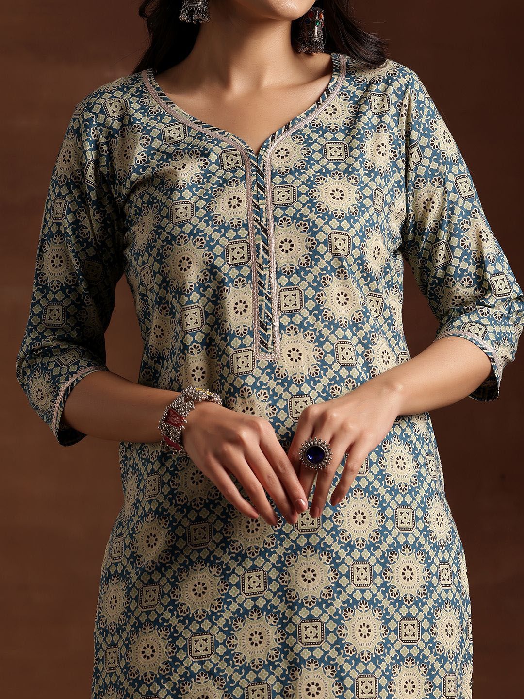 Libas Blue & Beige Ethnic Printed Sweetheart Neck Cotton Kurta with Trousers & Dupatta