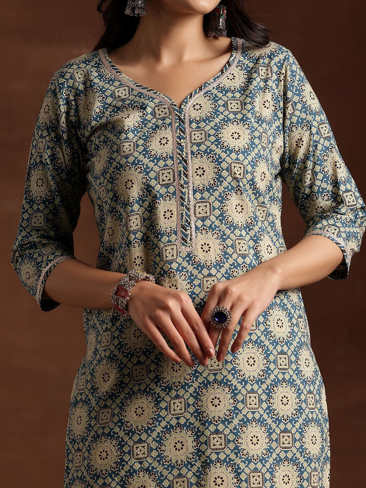 Libas Blue & Beige Ethnic Printed Sweetheart Neck Cotton Kurta with Trousers & Dupatta