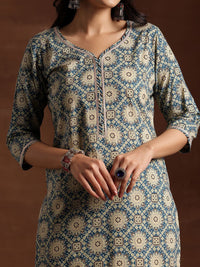 Libas Blue & Beige Ethnic Printed Sweetheart Neck Cotton Kurta with Trousers & Dupatta