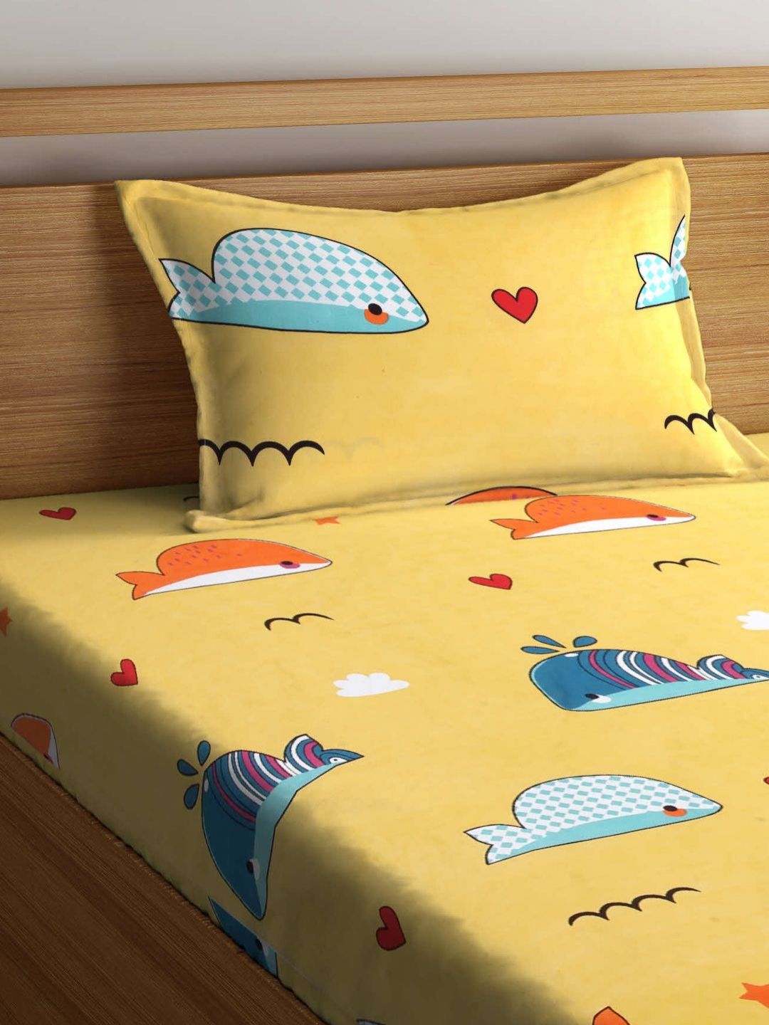 Myntra Elegant Homes Yellow & Blue Printed 300 TC Single Bedsheet Set 2.2 m x 1.5 m