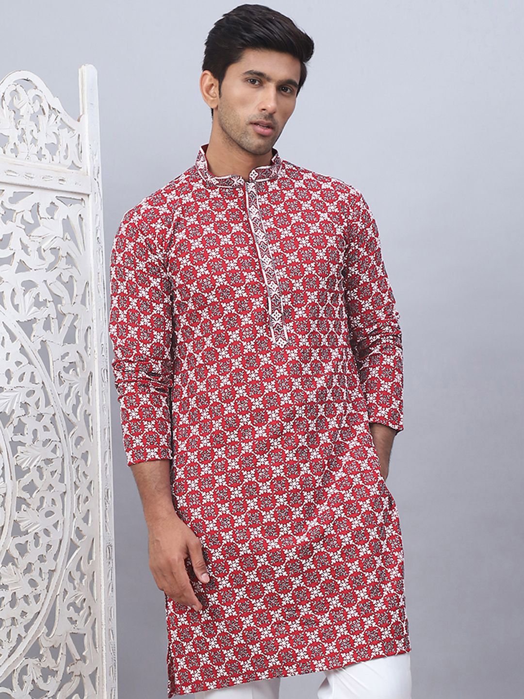 Jompers Floral Printed Mandarin Collar Straight Kurta