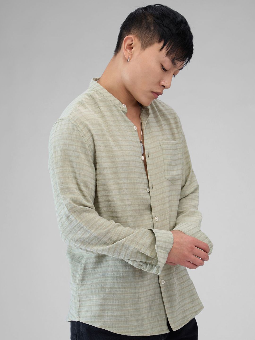 VASTRADO Men Classic Band Collar Horizontal Striped Cotton Casual Shirt