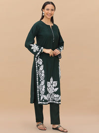 HOUSE OF KARI Floral Embroidered Chikankari Straight Kurta with Trousers