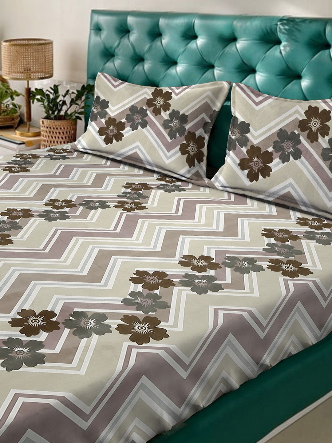Set Cadar King Dipasang Aura Grey & Maroon Printed 300 TC 2.5 m x 2.25 m
