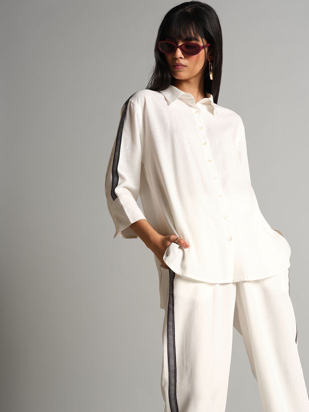 AND Side Stripes-Detail Three-Quarter Sleeves Shirt & Trouser