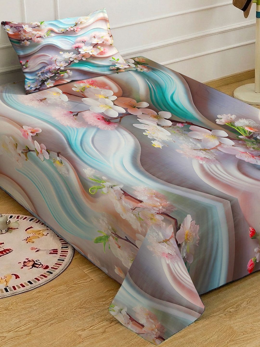 KLOTTHE Multicoloured Floral Fitted 400 TC Single 7D Bedsheet with 1 Pillow Covers