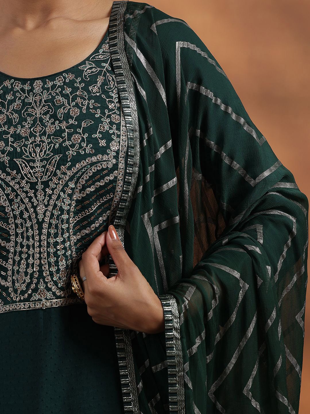 Libas Paisley Embroidered Zari Work Dobby Weave Straight Kurta With Trousers & Dupatta