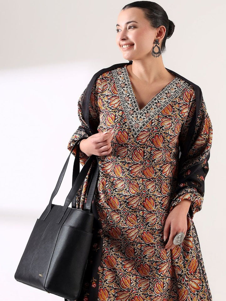 Motif Etnik Wanita Mamicha Bercetak Benang Biasa Kurta Kerja dengan Seluar & Dengan Dupatta