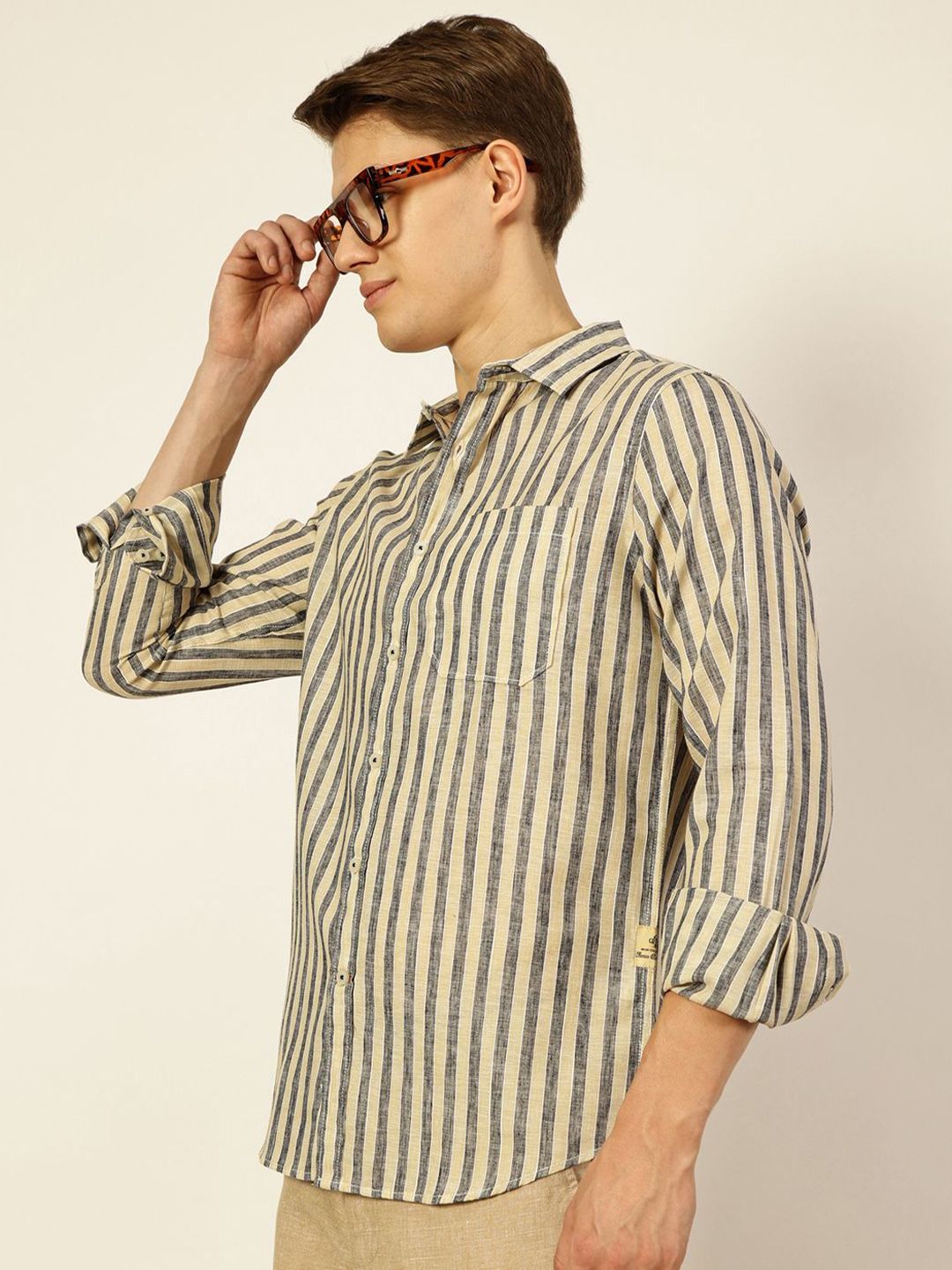 Thomas Scott Men Premium Vertical Striped Linen Slim Fit Casual Shirt