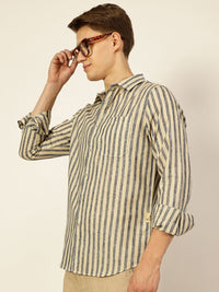Thomas Scott Men Premium Vertical Striped Linen Slim Fit Casual Shirt
