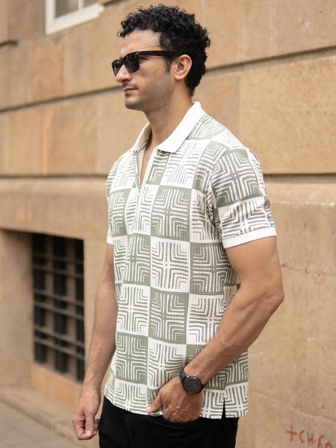Powerlook SS25 Geometric Printed Polo Collar Pure Cotton T-Shirt