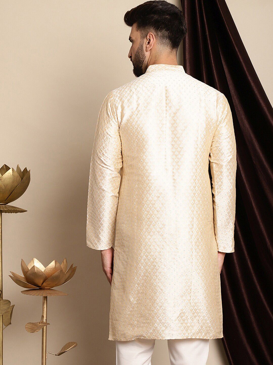 Anouk Ethnic Motifs Woven Design Band Collar Silk Cotton Regular Kurta