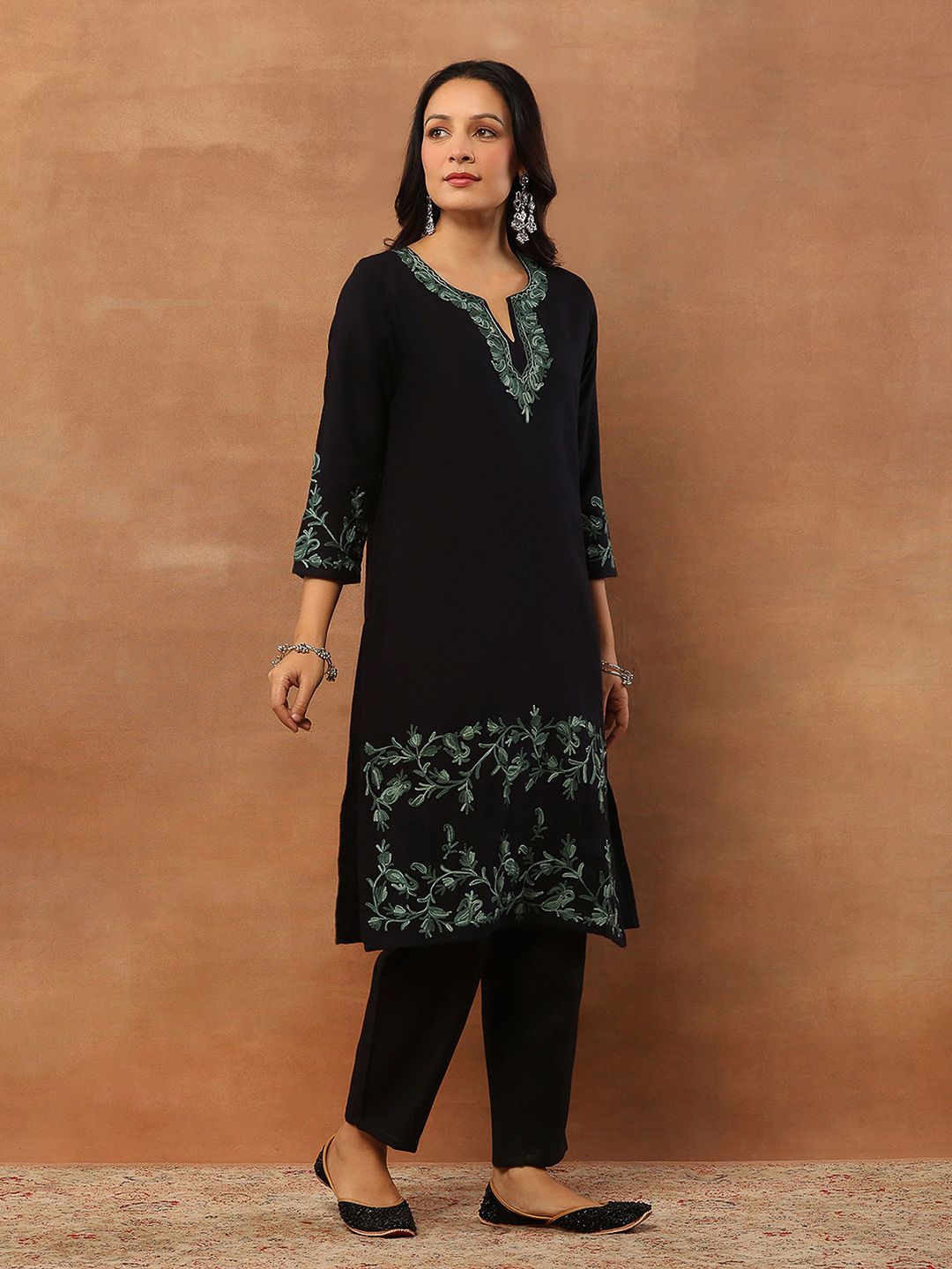 House of Chikankari Women Black Woolen Aari Sulam Kurta