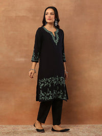 House of Chikankari Women Black Woolen Aari Sulam Kurta